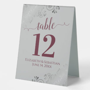 Silver Frills Burgundy & Grey Wedding Table Number
