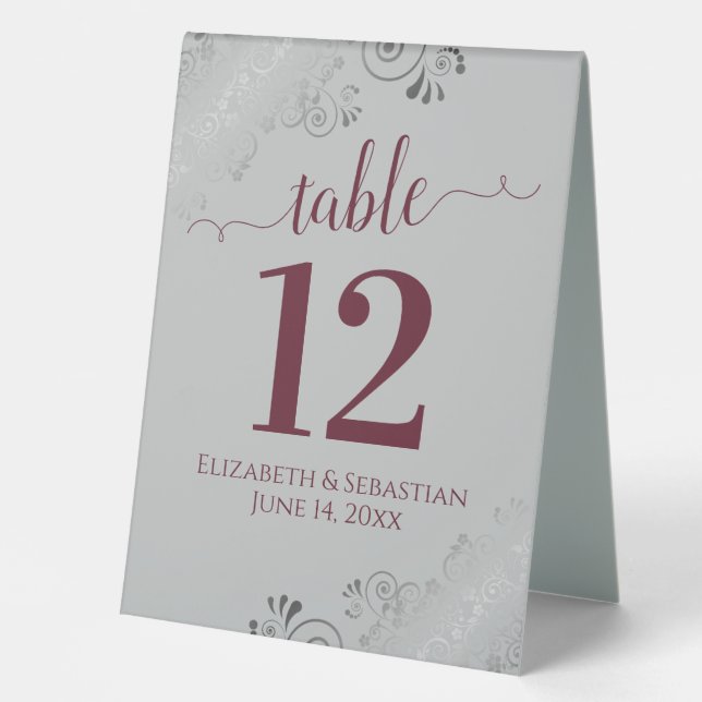 Silver Frills Burgundy & Grey Wedding Table Number (Front)