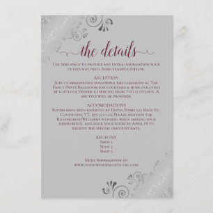 Silver Frills Burgundy on Grey Wedding Details Enclosure Card