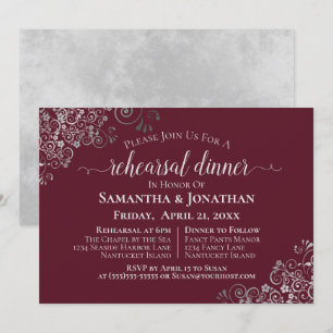 Silver Frills Burgundy Wedding Rehearsal & Dinner Invitation