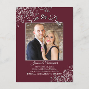 Silver Frills Burgundy Wedding Save the Date Photo Announcement Postcard