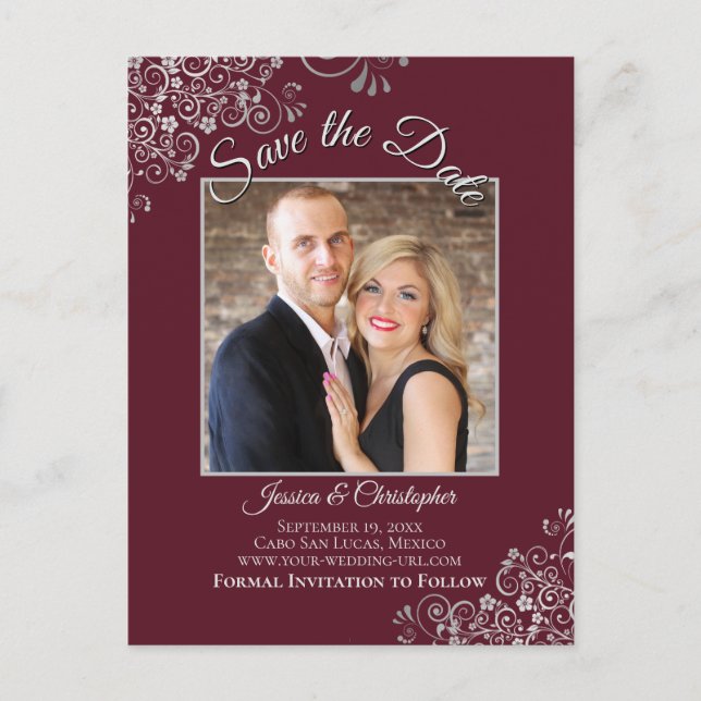 Silver Frills Burgundy Wedding Save the Date Photo Announcement Postcard (Front)