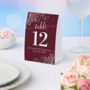 Silver Frills Burgundy Wedding Table Number