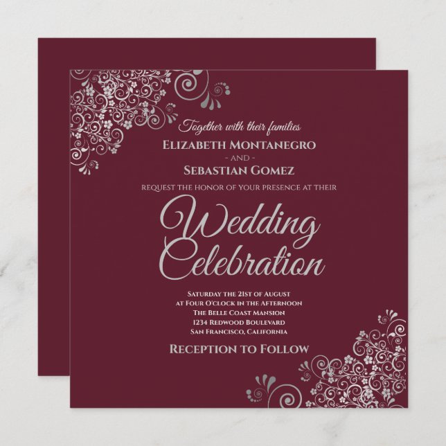 Silver Frills Burguny Elegant Square Chic Wedding Invitation (Front/Back)