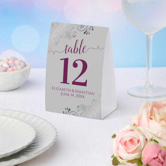 Silver Frills Cassis & Grey Wedding Table Number (Insitu(Wedding))