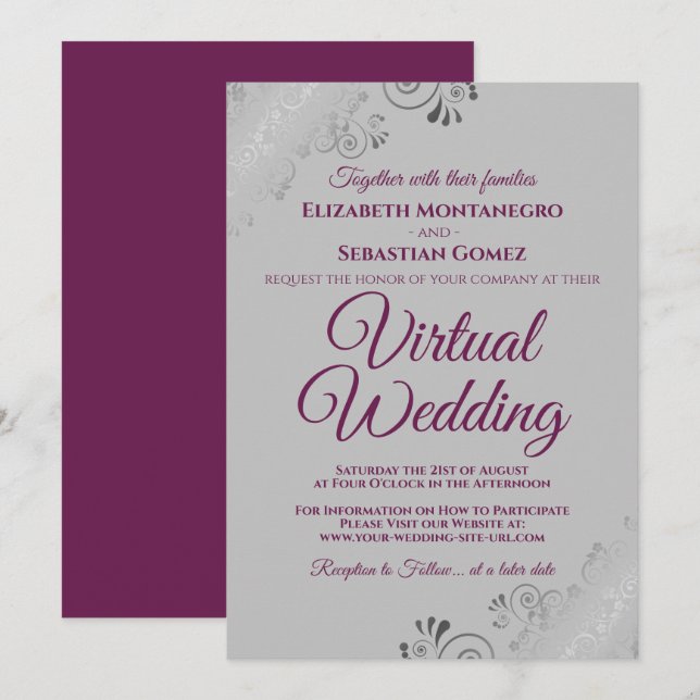 Silver Frills Cassis Purple & Grey Virtual Wedding Invitation (Front/Back)