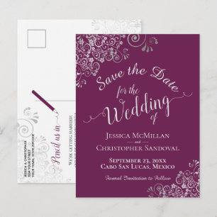 Silver Frills Cassis Purple Wedding Save the Date Announcement Postcard