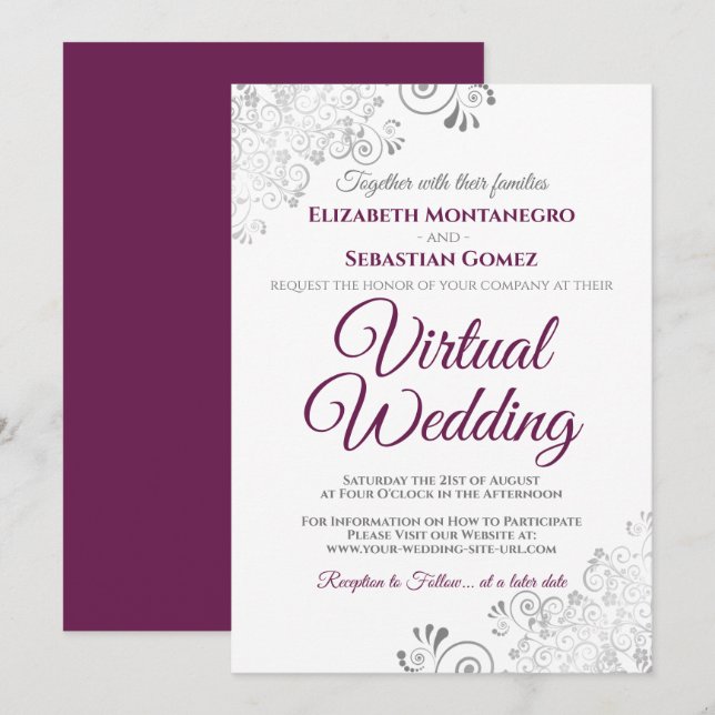 Silver Frills Cassis Purple White Virtual Wedding Invitation (Front/Back)