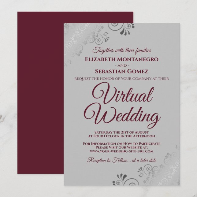 Silver Frills Chic Burgundy & Grey Virtual Wedding Invitation (Front/Back)