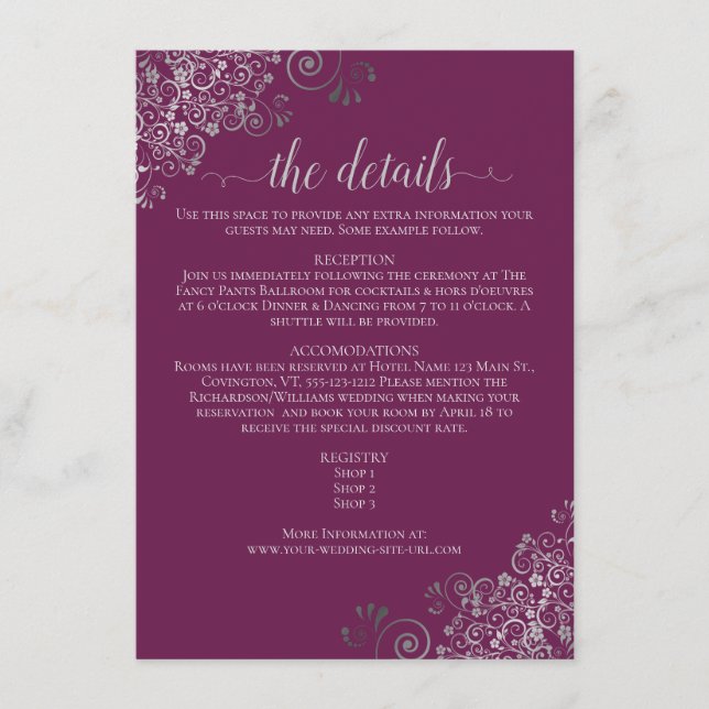 Silver Frills Chic Cassis Purple Wedding Details Enclosure Card (Front)
