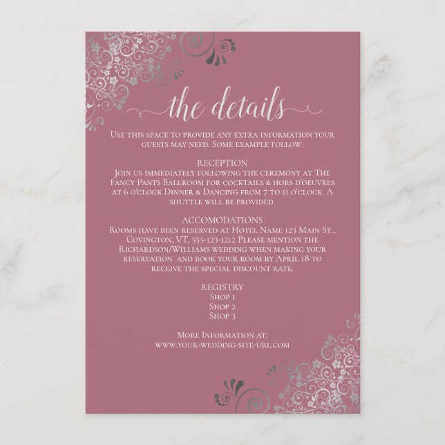 Silver Frills Chic Dusty Rose Wedding Details Enclosure Card (Front)