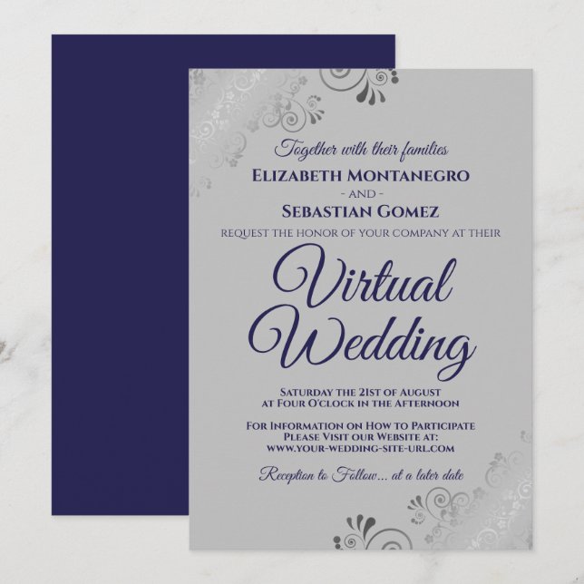 Silver Frills Chic Navy Blue Grey Virtual Wedding Invitation (Front/Back)