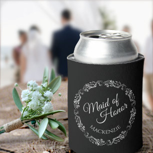 Silver Frills Classic Black Maid of Honour Wedding Can Cooler
