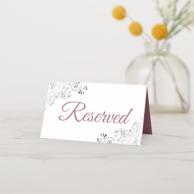 Silver Frills Custy Rose on White Wedding Reserved Place Card (Back)