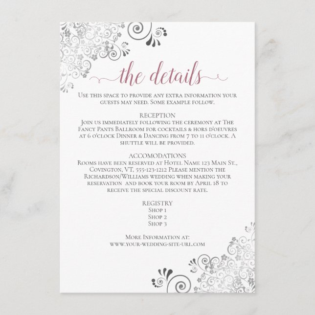 Silver Frills Dusty Rose on White Wedding Details Enclosure Card (Front)