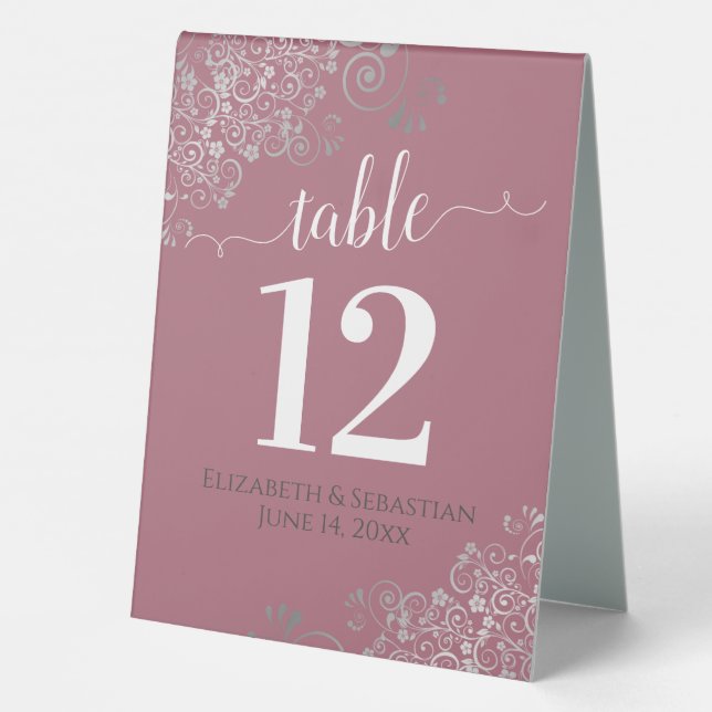 Silver Frills Dusty Rose Pink Wedding Table Number (Back)