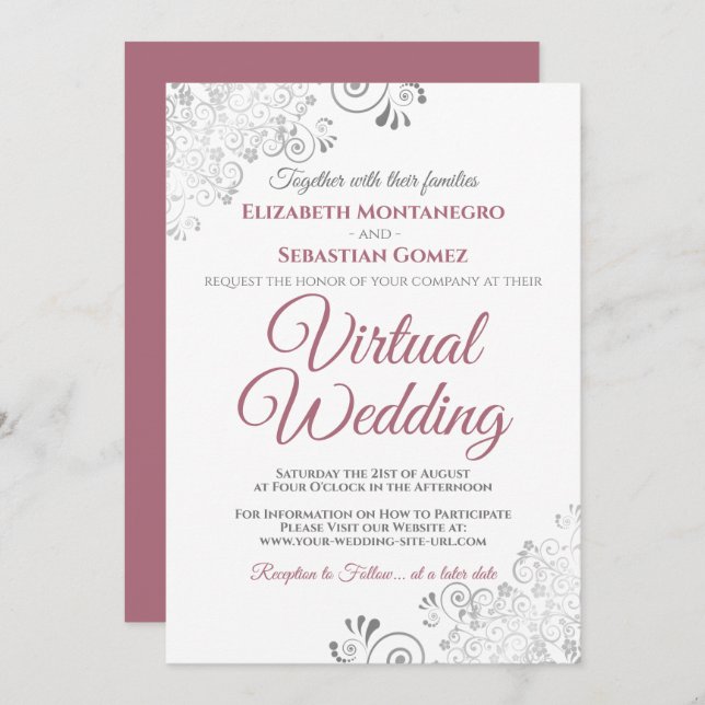 Silver Frills Dusty Rose & White Virtual Wedding Invitation (Front/Back)