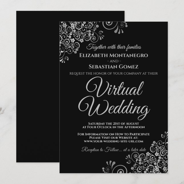 Silver Frills Elegant Black Virtual Wedding Invitation (Front/Back)