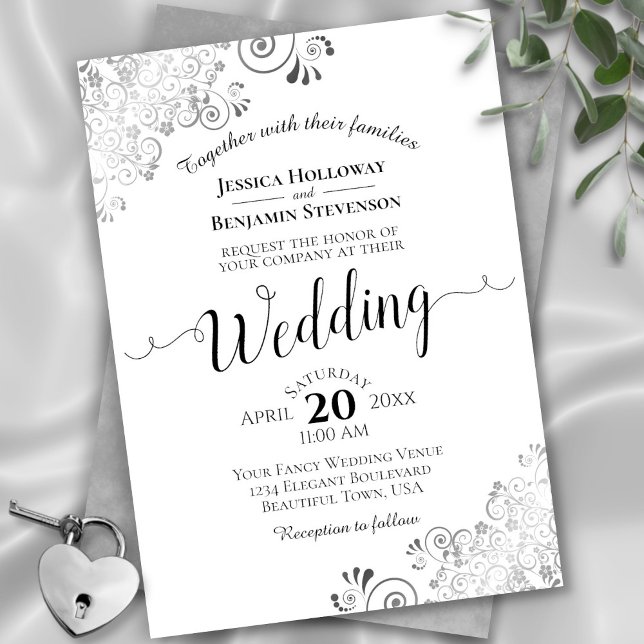 Silver Frills Elegant Black & White Wedding Invitation (In Situ Front/Back)