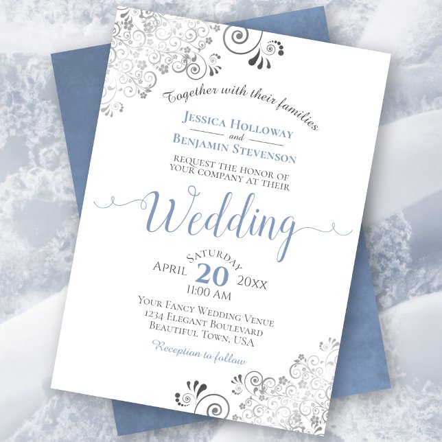 Silver Frills Elegant Blue & Gray on White Wedding Invitation (Creator Uploaded)