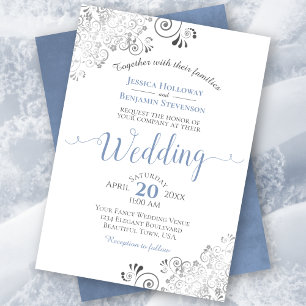 Silver Frills Elegant Blue & Grey on White Wedding Invitation
