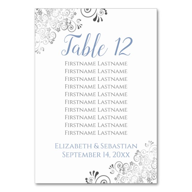 Silver Frills Elegant Blue Wedding Seating Chart Table Number (Front)