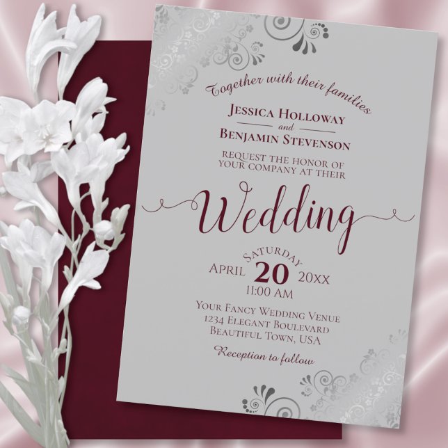 Silver Frills Elegant Burgundy & Gray Wedding Invitation (Creator Uploaded)