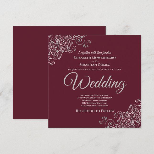 Silver Frills Elegant Burgundy Square Wedding Invitation (Front/Back)