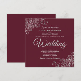 Silver Frills Elegant Burgundy Square Wedding Invitation