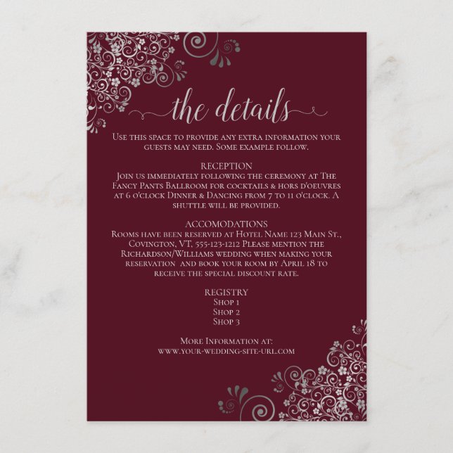 Silver Frills Elegant Burgundy Wedding Details Enclosure Card (Front)
