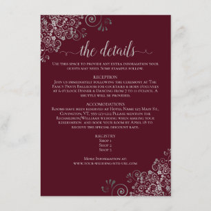 Silver Frills Elegant Burgundy Wedding Details Enclosure Card