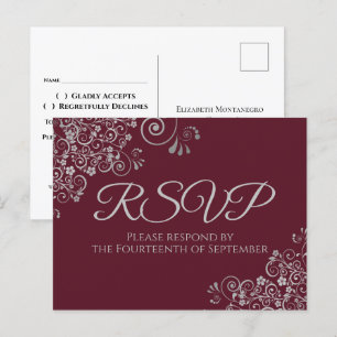 Silver Frills Elegant Burgundy Wedding RSVP Postcard