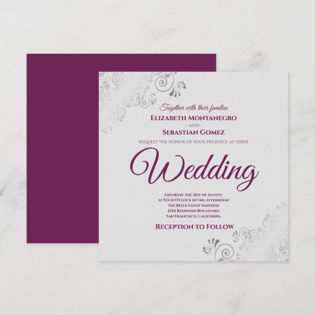 Silver Frills Elegant Cassis & Grey Square Wedding Invitation (Front/Back)