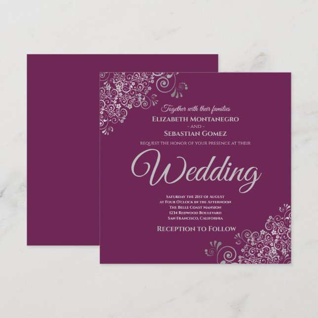 Silver Frills Elegant Cassis Purple Square Wedding Invitation (Front/Back)