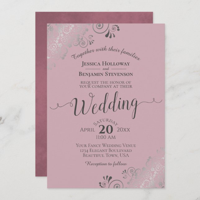 Silver Frills Elegant Dusty Rose Mauve Wedding Invitation (Front/Back)