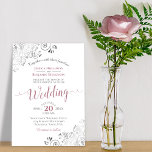 Silver Frills Elegant Dusty Rose on White Wedding Invitation<br><div class="desc">This beautiful wedding invitation features a simple yet elegant design with lacy script dusty rose or mauve coloured calligraphy on a white background and frilly silver grey faux foil filigree in the corners. The wording is formal,  but the layout is modern and stylish.</div>