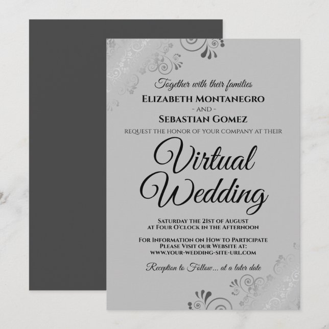 Silver Frills Elegant Grey Virtual Wedding Invitation (Front/Back)