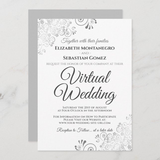 Silver Frills Elegant Grey & White Virtual Wedding Invitation (Front/Back)