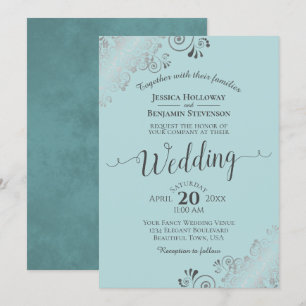 Silver Frills Elegant Mint Teal & Grey Wedding Invitation
