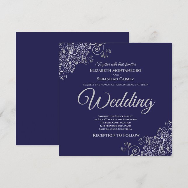 Silver Frills Elegant Navy Blue Square Wedding Invitation (Front/Back)