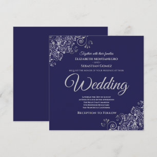 Silver Frills Elegant Navy Blue Square Wedding Invitation