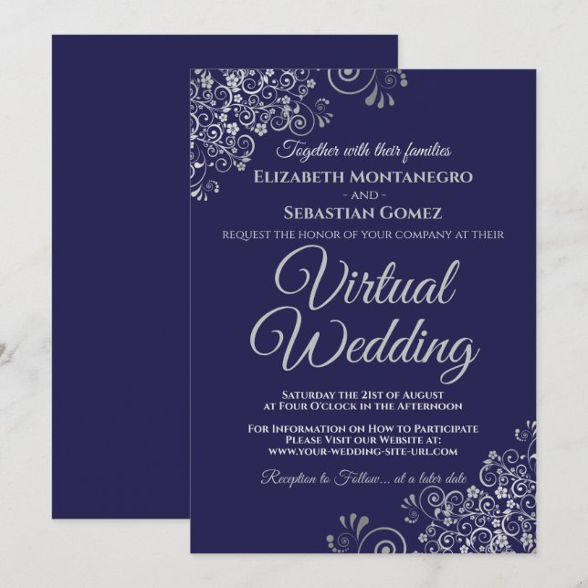 Silver Frills Elegant Navy Blue Virtual Wedding Invitation (Front/Back)
