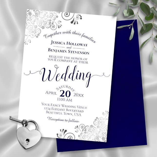 Silver Frills Elegant Navy Blue & White Wedding Invitation (In Situ Front and Back)