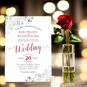 Silver Frills Elegant Red & Gray on White Wedding Invitation