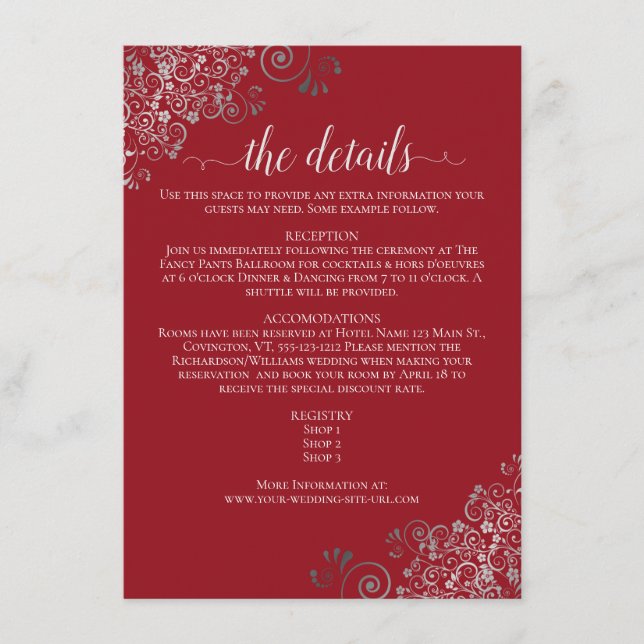 Silver Frills Elegant Red Wedding Details Enclosure Card (Front)