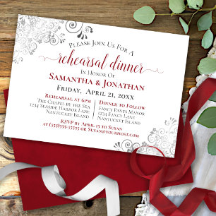 Silver Frills Elegant Red Wedding Rehearsal Dinner Invitation