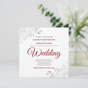 Silver Frills Elegant Red & White Square Wedding Invitation