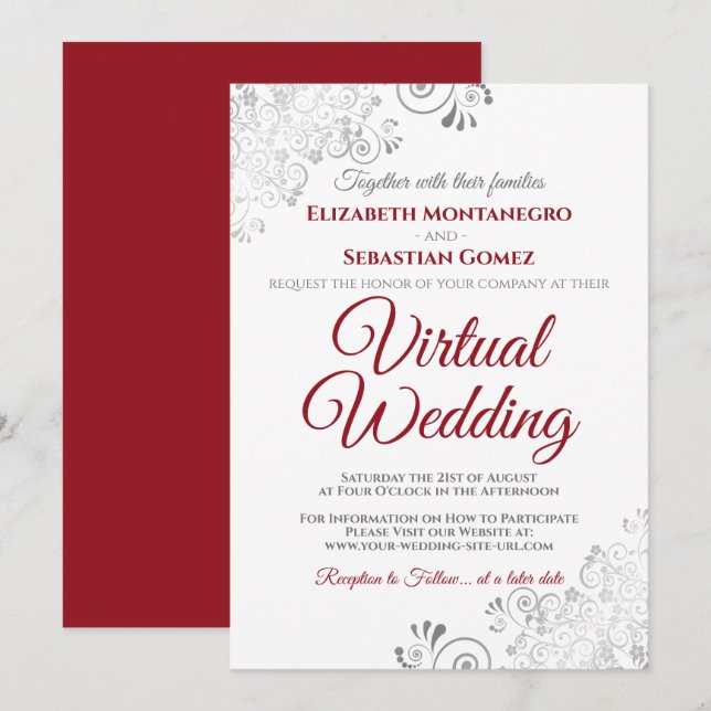 Silver Frills Elegant Red & White Virtual Wedding Invitation (Front/Back)