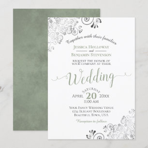 Silver Frills Elegant Sage Green on White Wedding Invitation