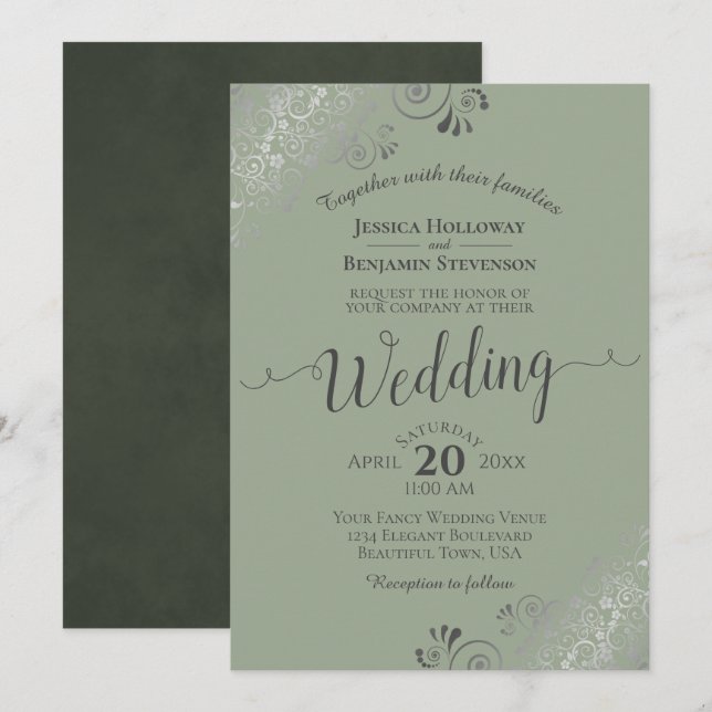 Silver Frills Elegant Sage or Olive Green Wedding Invitation (Front/Back)